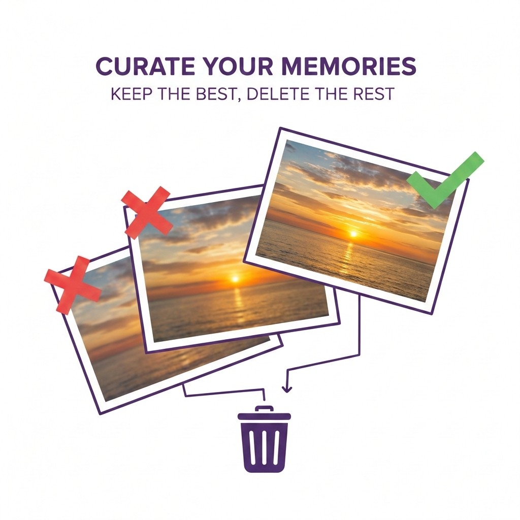 Curate your memories - Keep the best, delete the rest. Visual showing duplicate photos being sorted