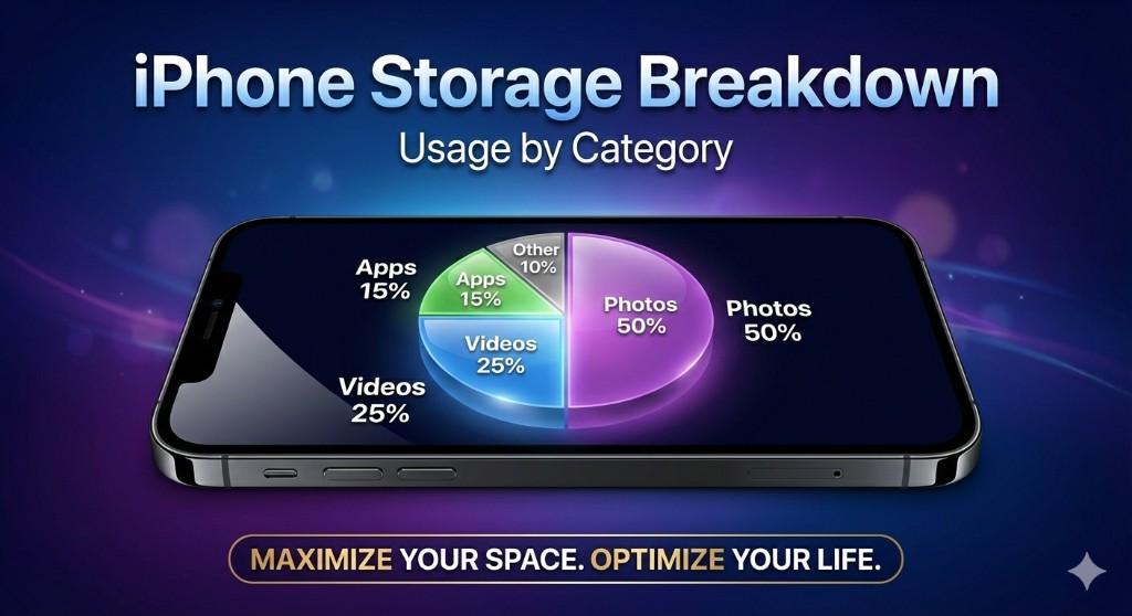 iPhone Storage Breakdown showing usage by category - Photos 50%, Videos 25%, Apps 15%, Other 10%