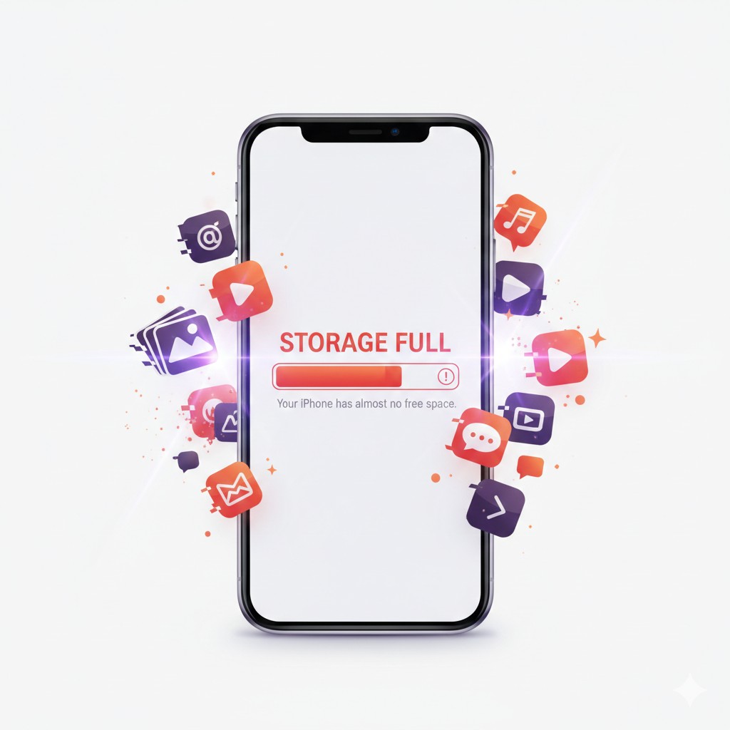 iPhone showing Storage Full warning surrounded by app icons