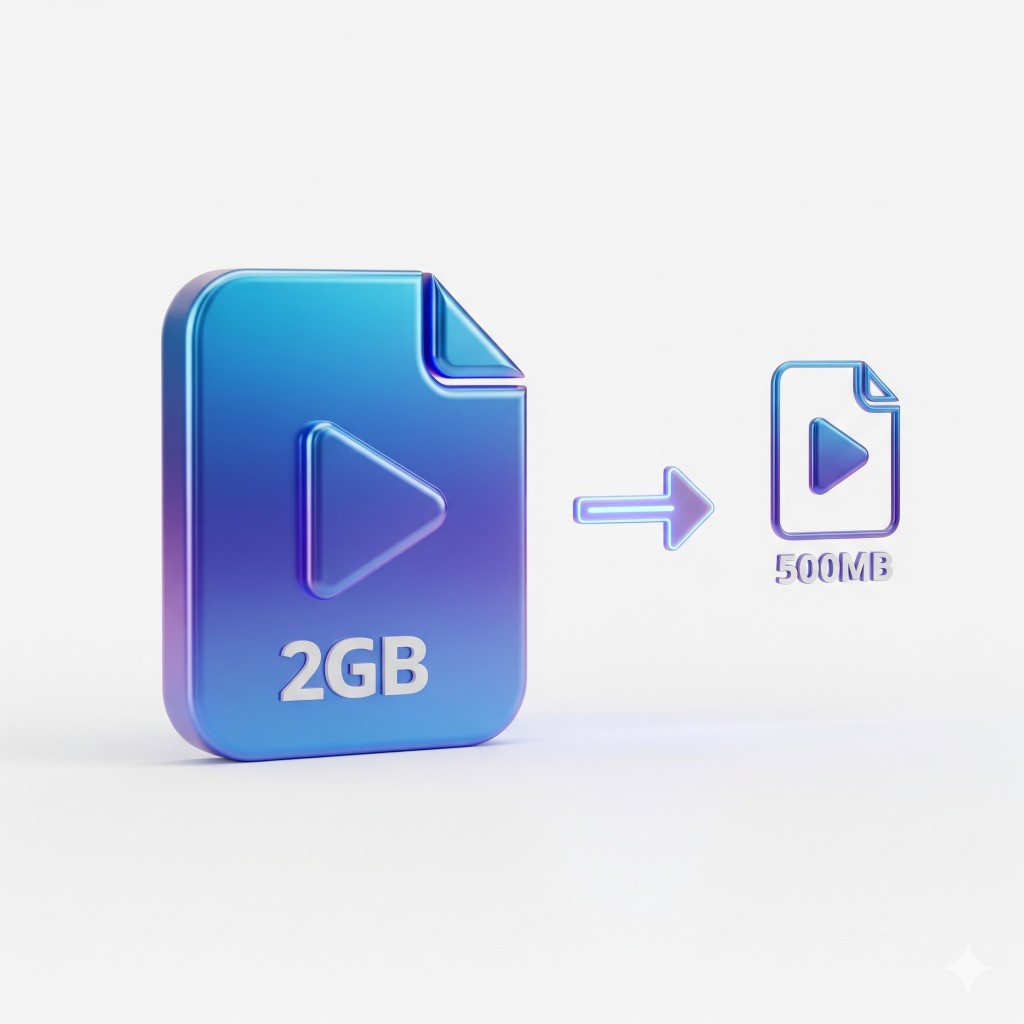 Video compression visualization showing 2GB video file being compressed to 500MB